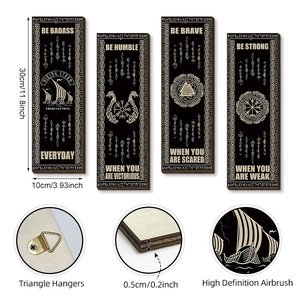 Set of 4 Viking wooden wall plaques with black and gold Norse rune totems for home decor