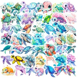 Pack of 50 colorful cartoon sea turtle stickers in watercolor style for DIY decor