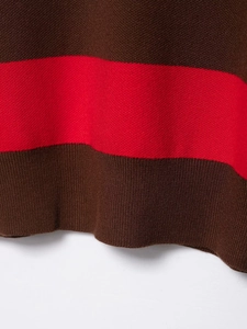 Detail of high-density striped knit sweater featuring ribbed hem in brown and red