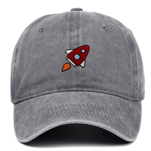 Washed dark gray baseball cap with red, white and blue rocket embroidery on white background