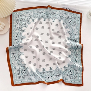 Elegant paisley silk square scarf with white, brown and light blue vintage contrast borders