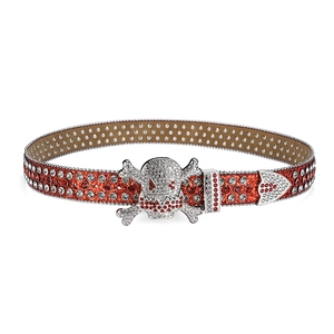 Detail of red rhinestone belt with skull buckle and large red crystal decorations