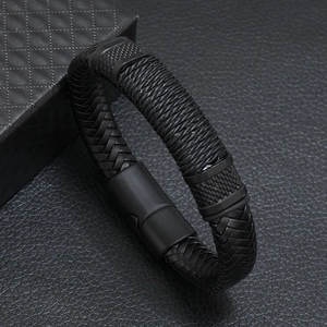 Double-layer braided black leather bracelet with textured stainless steel magnetic clasp
