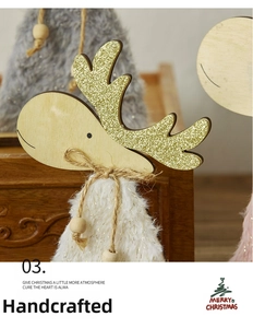 Detail of wooden reindeer ornament with golden glitter antlers and white plush body texture