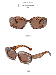 Close-up of leopard print sunglasses with rhinestone frame in front and side views