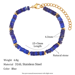 Detail of 316L stainless steel bracelet featuring blue natural stone cylinder beads