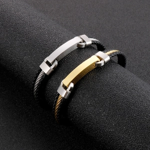 Men's double set braided steel wire and leather bracelets with gold and silver plates