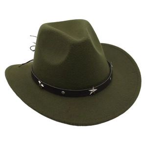 Detail of olive green wool fedora hat with brown leather band and silver star studs