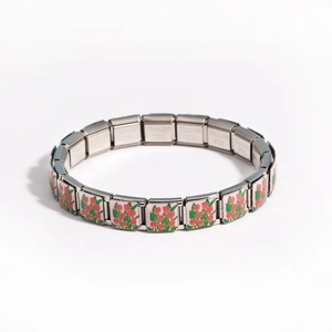 Close-up of stainless steel modular link bracelet featuring colorful tulip floral pattern