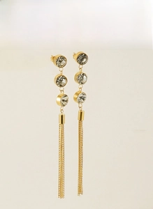 Dettaglio orecchini a nappa lunga in oro 18K con zirconi cubici scintillanti in acciaio