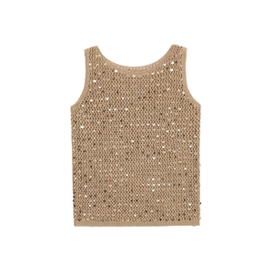 Débardeur en maille ajourée kaki avec sequins assortis pour un style estival chic