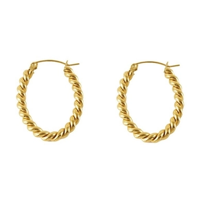 Detailed close-up of golden oval twist design earrings with retro spiral texture