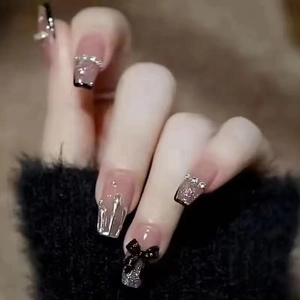 Handmade Press On Nails French Tip Black Pink Gradient Glitter Rhinestones Bowknot Y2K Spicy Girl Style False Nails