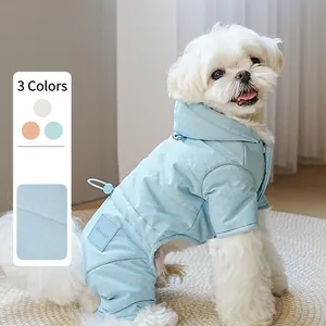 Dog Winter Jumpsuit Polyester Hooded Thickened Warm Windproof Jacket With Traction Ring For Small Dogs Padded Outerwear