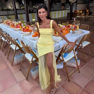 Elegant yellow mesh patchwork strap maxi dress with high slit and flowing streamers