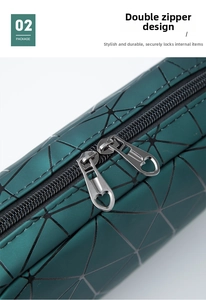 Macro detail of dark green geometric cosmetic bag with silver heart-shaped double zippers