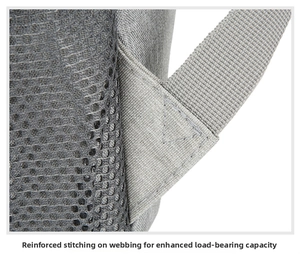 Reinforced bar-tack stitching on gray backpack straps for enhanced load-bearing capacity