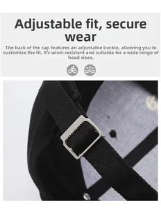 Detail of adjustable silver metal buckle on black cotton baseball cap for custom fit