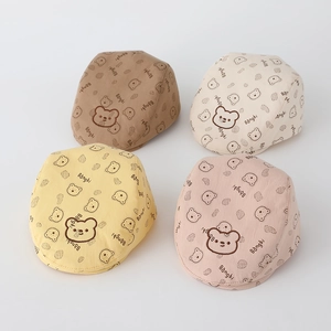Detail view of cotton bear print beret hats for toddlers in four different colors