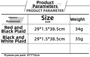 Detailed size and weight chart for red and white plaid pattern Christmas hats