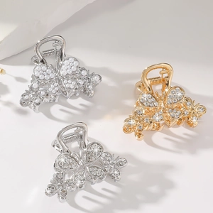 Butterfly Hair Claw Clip Alloy Rhinestone Faux Artificial Pearl Mini Elegant Styling Accessory For Women