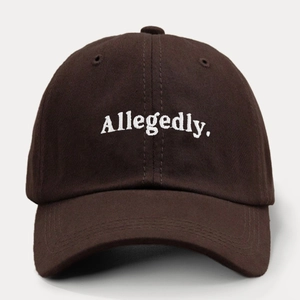 Dark brown vintage baseball cap with white Allegedly embroidery and adjustable strap