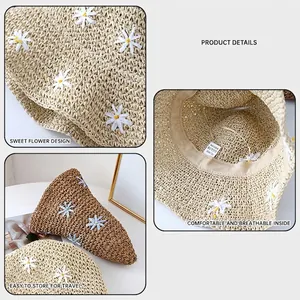 Women's straw sun hat with daisy embroidery, breathable summer beach fisherman hat