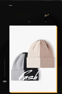 Detail of color-block knit beanies in black-grey and beige-coffee color options