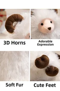 Macro detail of plush goat toy showing 3D spiral horns and soft white faux fur texture