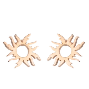 Detailed shot of hollow sunflower ear studs in gold finish with radiant rays