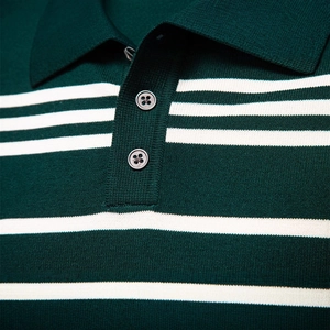 Men's polo knit sweater with dark green and white horizontal stripes and collar detail