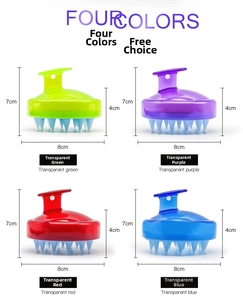 Silicone scalp massage brush detail showing dimensions and four transparent color options