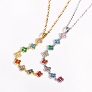Gold and silver stainless steel necklaces with rainbow zircon four-leaf clover charms