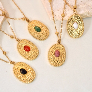 French vintage hammered stainless steel necklaces with colorful inlaid gemstones