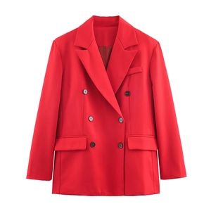 Women's bright red double-breasted blazer suit jacket with notched lapel and flap pockets