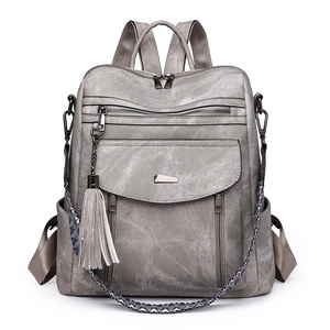 Gray multi-functional PU leather women backpack with tassel and chain decoration