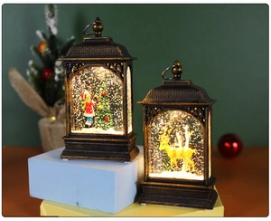Macro detail of vintage copper water globes featuring glowing Santa and deer scenery
