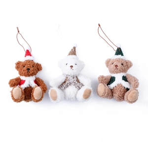 Three Christmas plush bears with hats and vests for tree hanging decoration