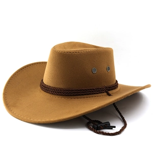 Classic camel wool jazz fedora hat with wide brim and adjustable brown chin strap