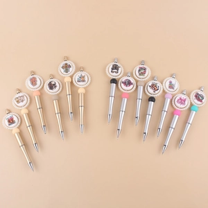 Round Printed Ballpoint Pen With Faux Artificial Pearl Decor Metallic Finish Twist Writing Pen Stylus Tip For Women Stationery Gift