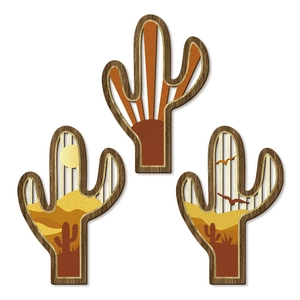 Set di 3 decorazioni murali in legno a cactus con intagli di paesaggi desertici boho