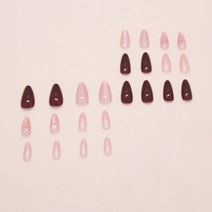 24pcs almond press on nails with cat eye shimmer, pink bows and glitter finish