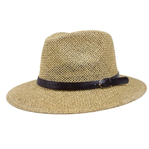 Classic straw Panama hat with brown leather strap and metal buckle for sun protection