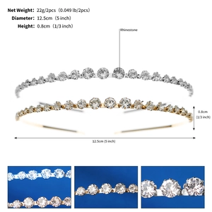 Detail specifications of silver and gold rhinestone headbands with diameter and weight info