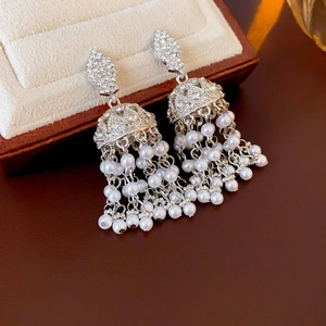 Vintage Jhumka Style Tassel Drop Earrings Alloy Rhinestone Faux Artificial Pearl With Silver Earring Post Luxury Ethnic Women Jewelry