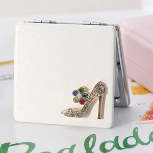 White PU leather compact mirror with golden rhinestone stiletto high heel decoration