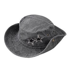 Faded grey cotton sun hat with rhinestone star design and breathable metal eyelets
