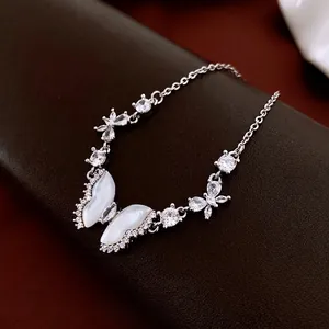 Butterfly Bracelet Copper Zircon Resin Shell Texture Silver Tone Adjustable Elegant Jewelry For Women