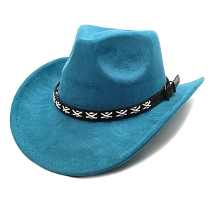 Detail of lake blue suede cowboy hat with black braided leather band and metal buckle