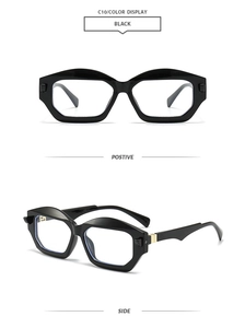 Detailed front and side view of black geometric thick frame glasses in C10 color way
